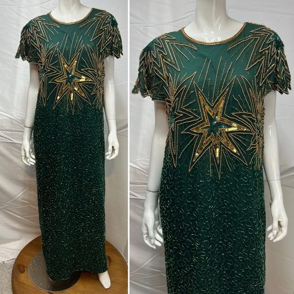 Vintage Dresses & Skirts - Vintage Green Silk Cap Sleeve Gold Sequins Beaded Long Gown 2X Dress Gown